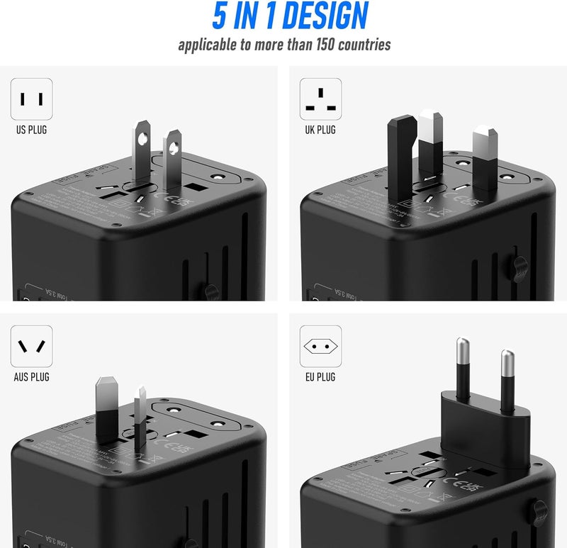 VYLEE Universal Travel Adapter, 5 in 1 International Power Adapter, 3.5A 2xUSB-A and 2xUSB C Wall Charger, Worldwide Travel Essentials Plug for Europe USA UK AUS Asia (Black Grey) - Image 4